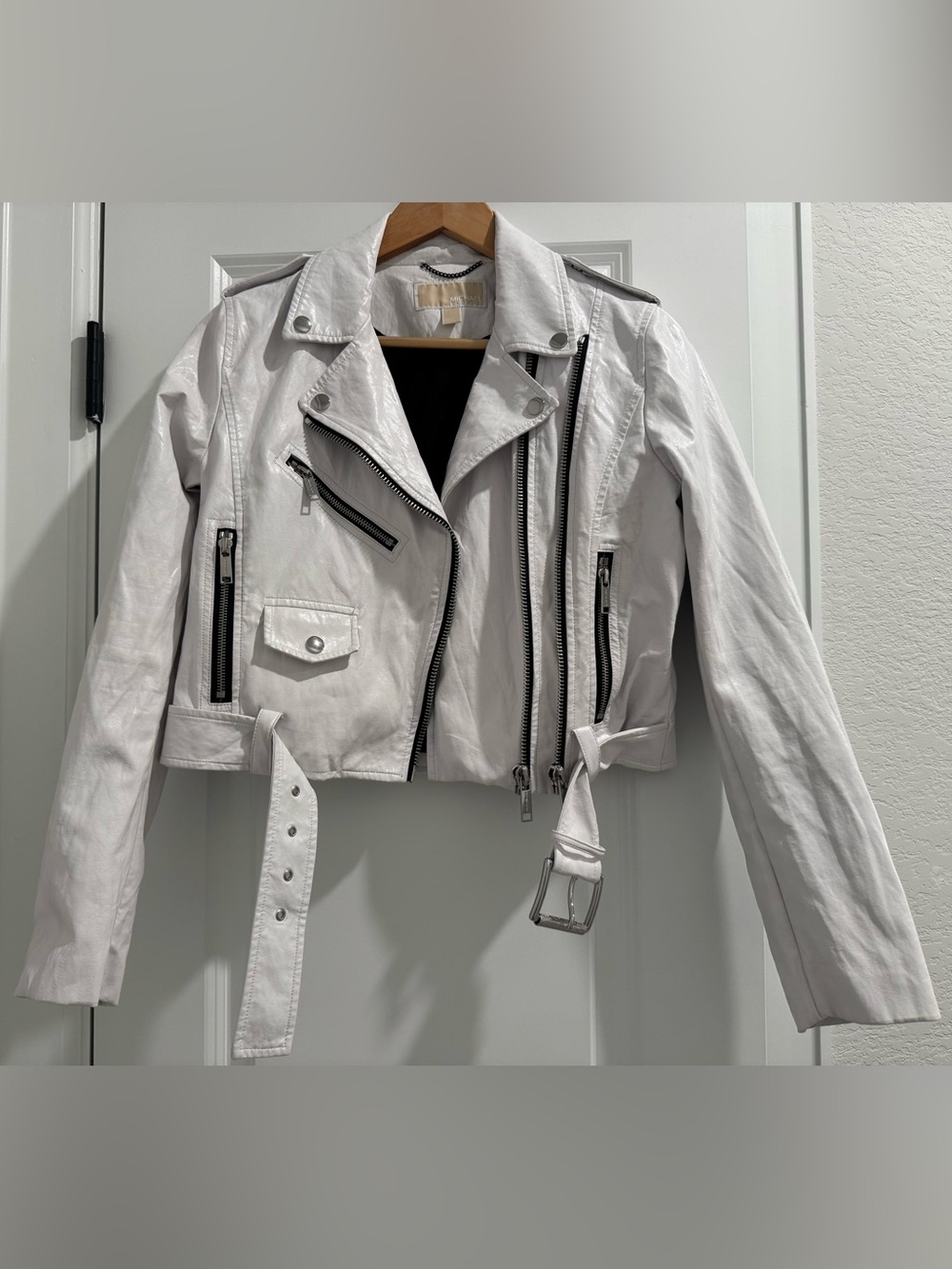 Michael Kors White Faux Leather Moto Jacket with Belted Waist